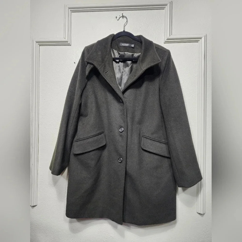 Women's Ralph Lauren Black Label Wool Blend Army Green Coat Size 14 Office Fall